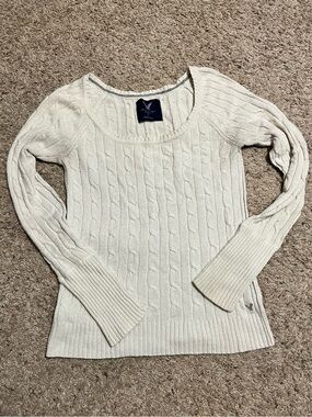 Y2K American Eagle Outfitters Cream Cable Knit Scoop Neck Sweater